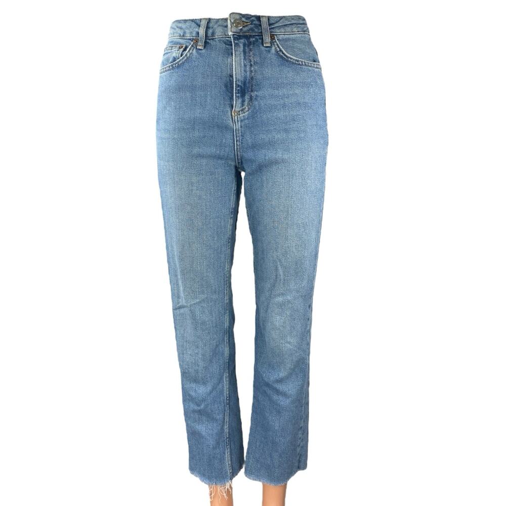 Topshop Moto Womens Blue Straight High Waist Frayed Raw Hem Denim Jeans Pants 26